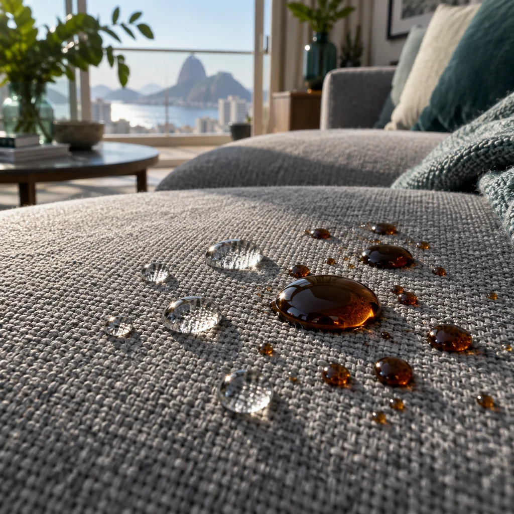 Gotas de café paradas sobre tecido impermeabilizado.